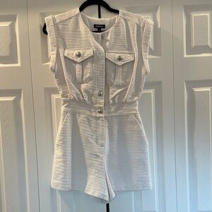Express White Textured Sleeveless Romper with Front Pockets